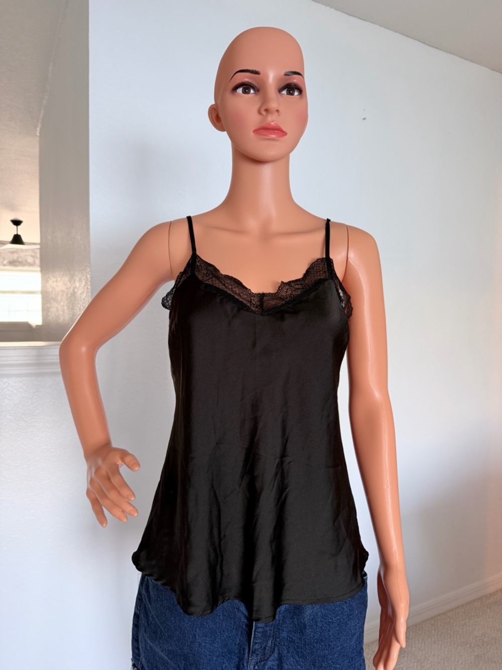 Shinestar Black Lace Trim Satin Cami Top